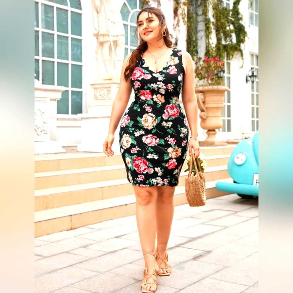 NWOT Black Floral Bodycon Dress Sz 1XL (14)